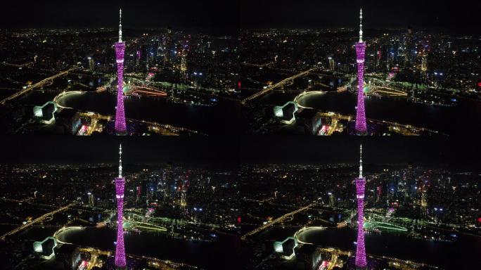 广州夜景广州塔小蛮腰航拍无人机全景大气
