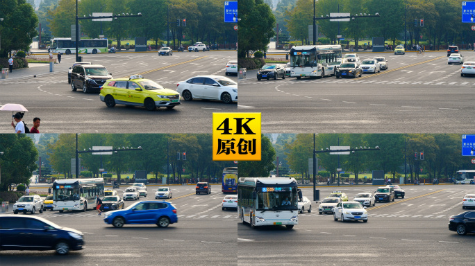 4K原创)城市道路街道交通十字路口车流