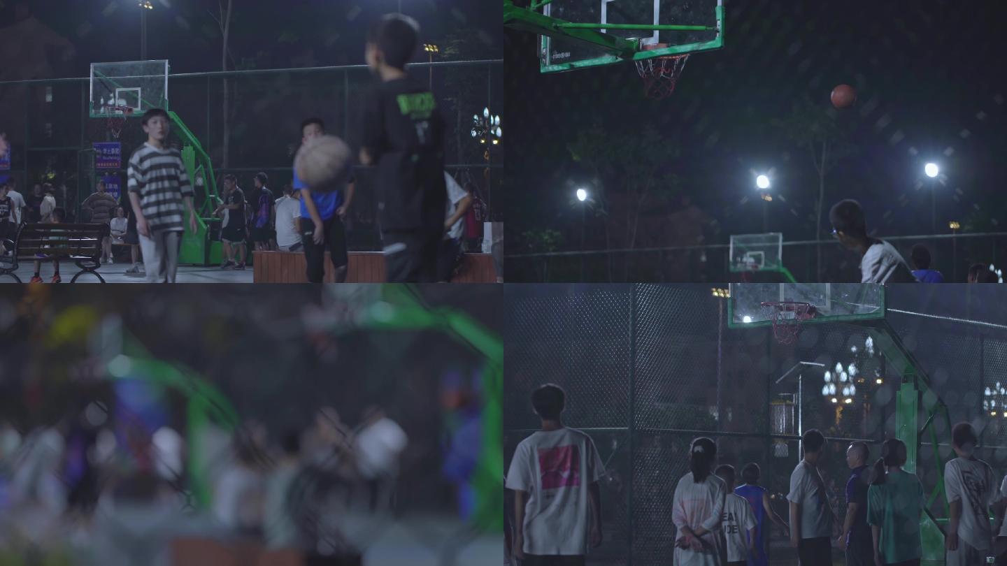 夜晚运动场打篮球的少年和青年