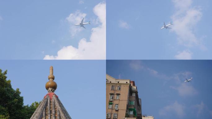 实拍飞机起飞降落穿越城市上空
