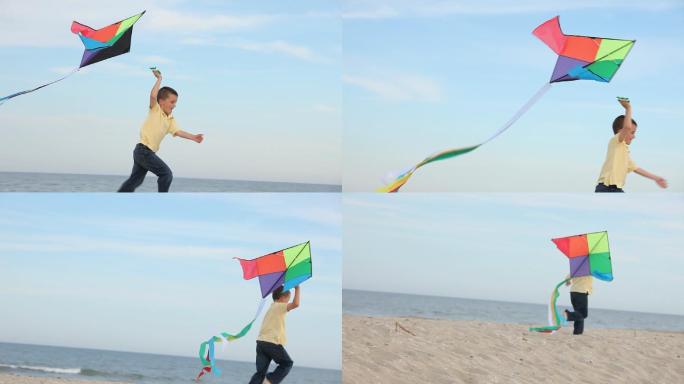 小男孩在海滩上放风筝