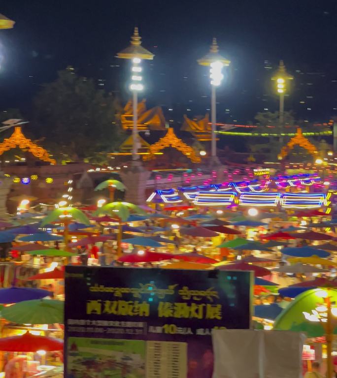 西双版纳景洪告庄西水上市场灯光夜市全景