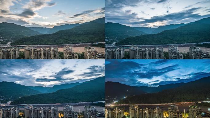 达州市通川区江湾城晚霞日转夜延时摄影