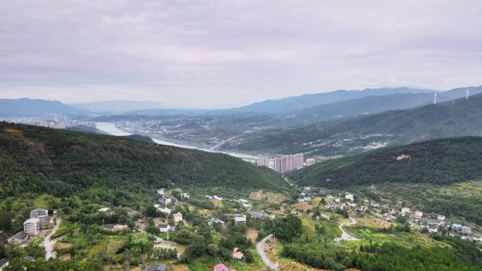 城区边上村庄山川河流丘壑航拍