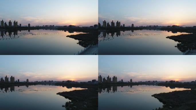 城市 黄昏 水系 小区 建筑 夕阳