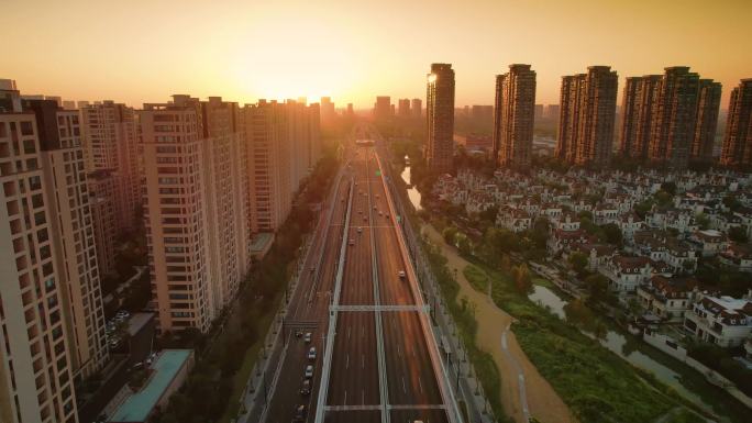 4K嘉兴城市夕阳朝阳高架桥快速路