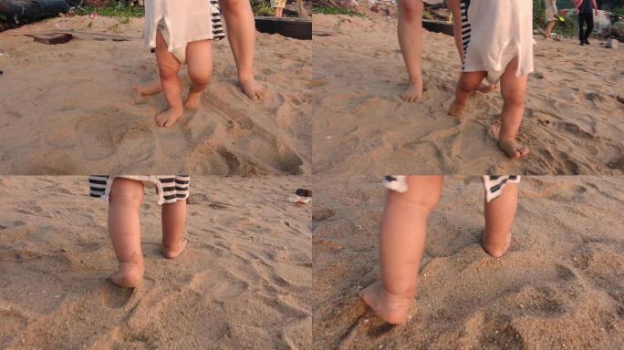 沙滩教一周岁小孩子走路慢动作升格