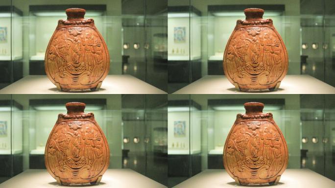 4K拍摄中国国家博物馆黄釉乐舞图瓷扁壶