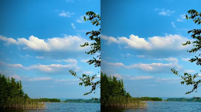 蓝天白云的自然湖泊