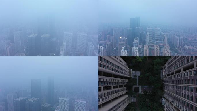 航拍-雾霾下的城市