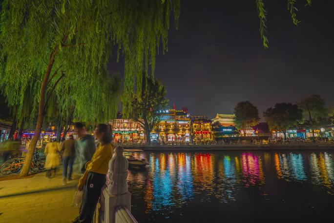 什刹海夜景 商业街 小吃街 车流 人流