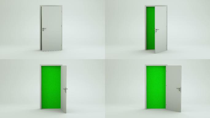 通向绿色屏幕的白色门