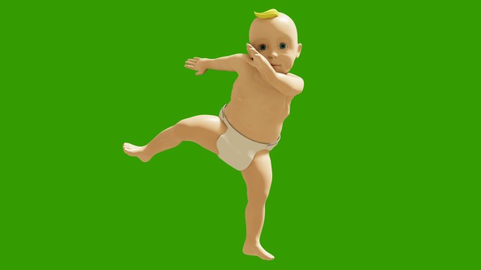 一个小婴儿在绿色屏幕的背景上欢快地跳舞。