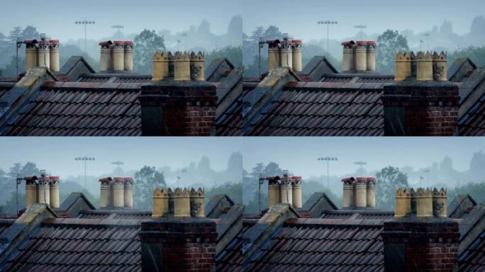 雨中屋顶上的烟囱瓦房老房子农村生活