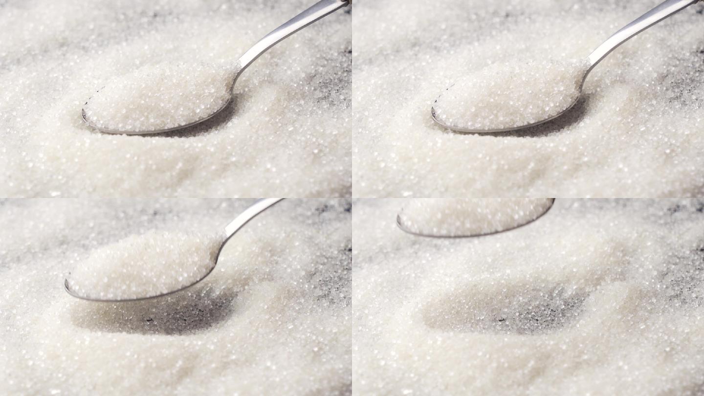 勺子挖白砂糖特写慢动作画面