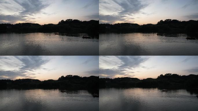 夕阳下的湖泊飞行