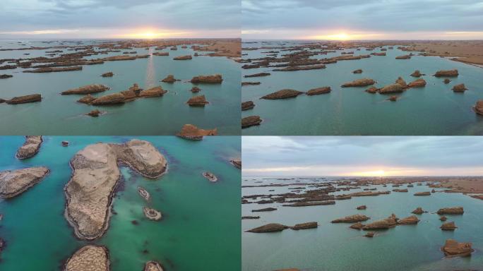 4K航拍夕阳下的水上雅丹景观