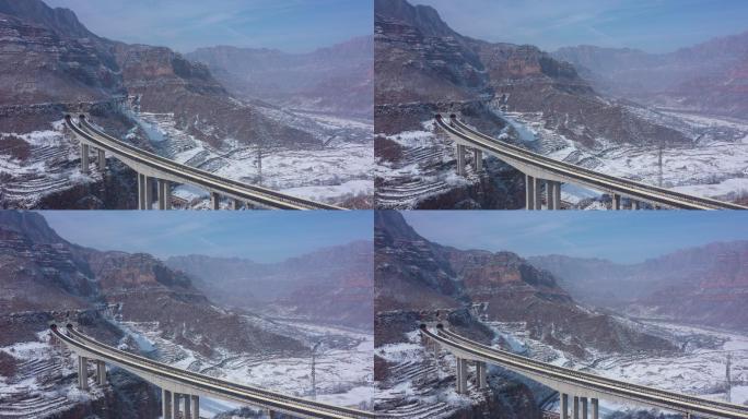 太行山大峡谷雪景航拍山洞隧道公路