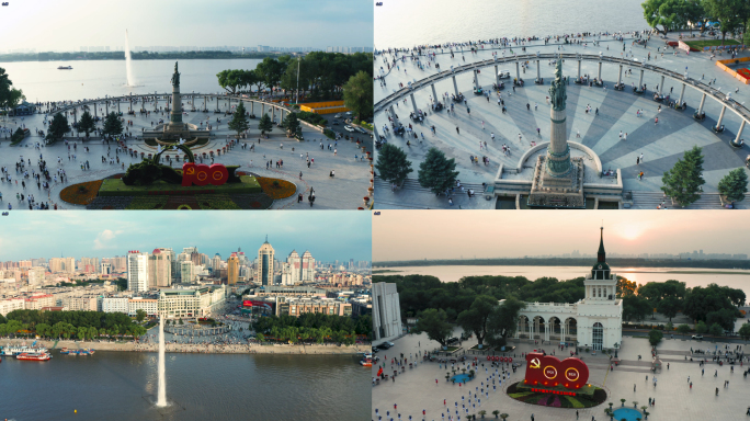 4K哈尔滨中央大街建党100周年航拍