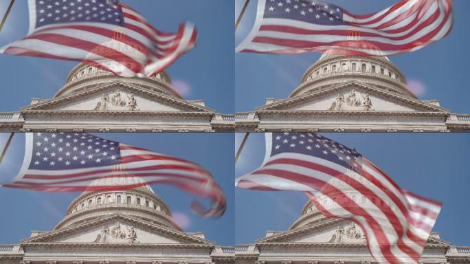 华盛顿特区国会大厦的圆顶上悬挂着美国国旗。