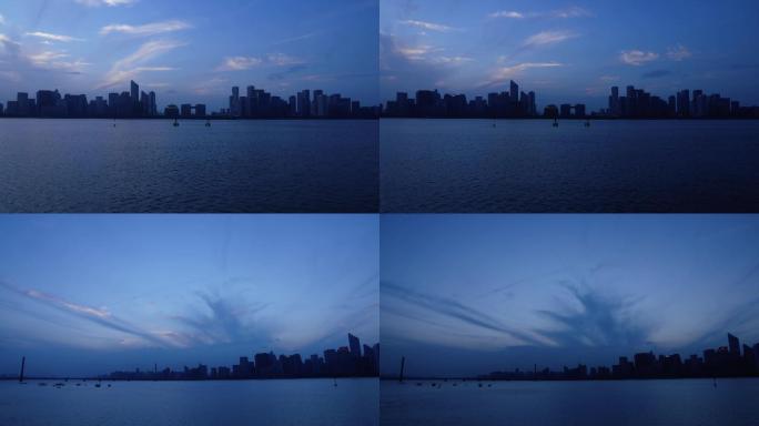 鸟瞰杭州城市天际线傍晚延时摄影4K