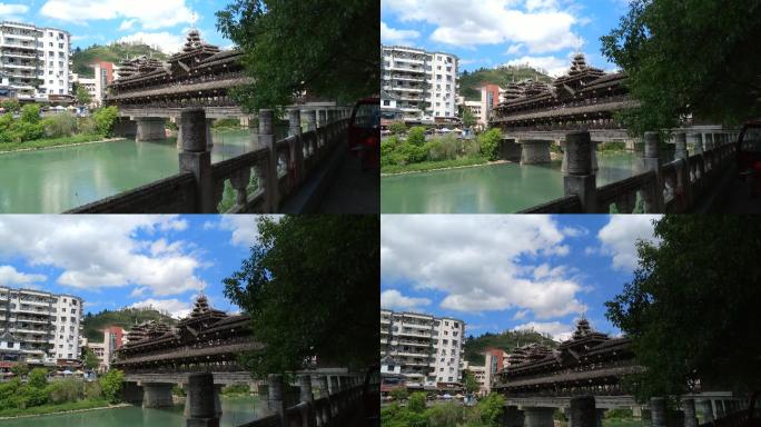 蓝天白云下的湖北省恩施州宣恩县侗族风雨桥