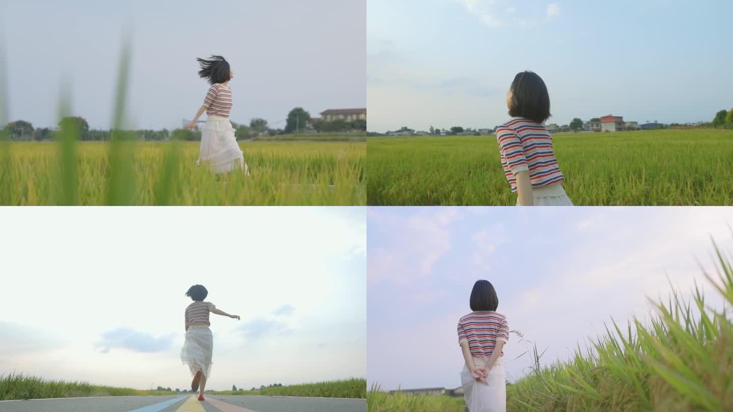稻田里奔跑享受生活的女孩