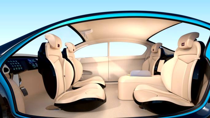 自动驾驶汽车内部概念的3D动画