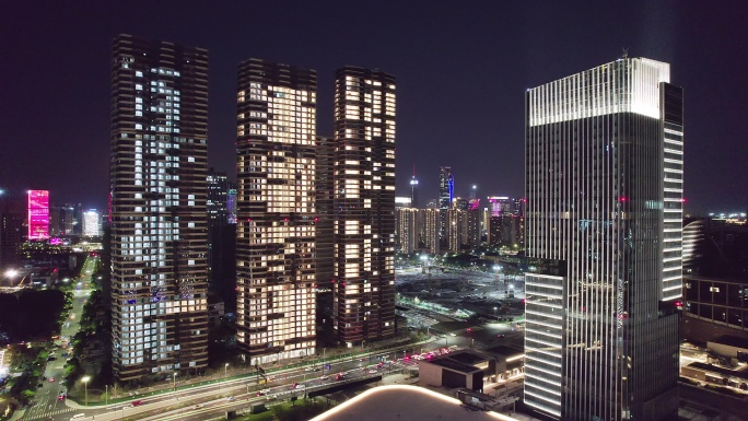 航拍杭州萧山奥体中心晚上的摩天大楼