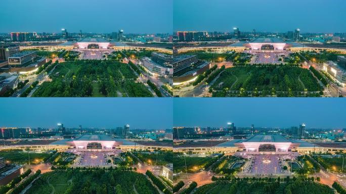 郑州东站航拍傍晚夜景延时摄影