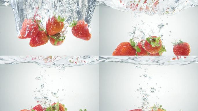 新鲜草莓水果落水