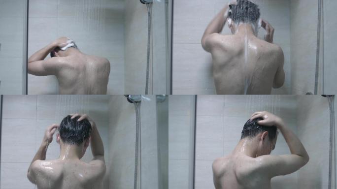 男人洗澡洗头背影