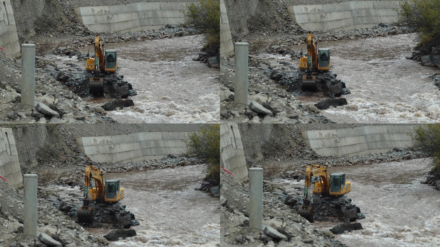 藏区 318 清理河道 滑坡的挖掘机