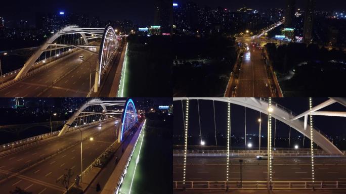 城市夜景大桥高清航拍 车辆穿行