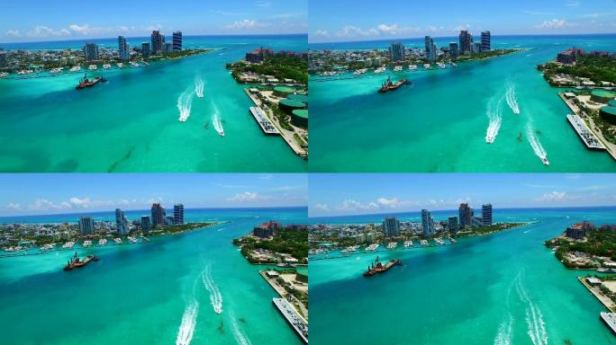 迈阿密海滩沿海旅游国外城市航拍迈阿密游轮