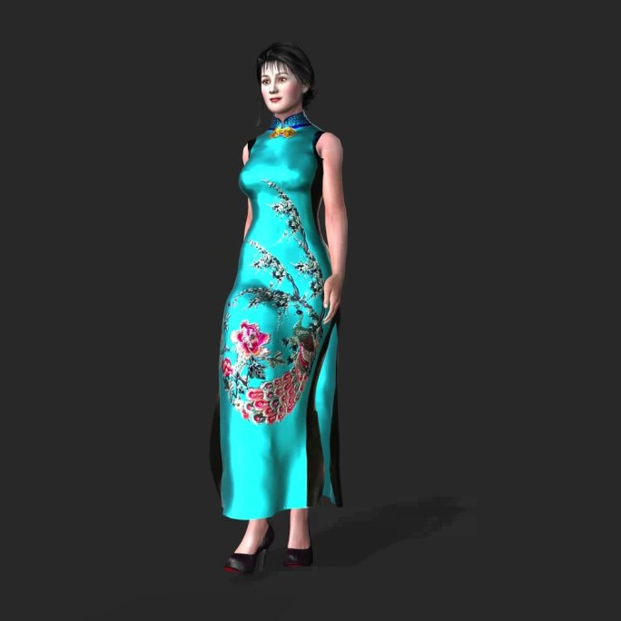 3D模型单人旗袍走秀2向右行走透明背景