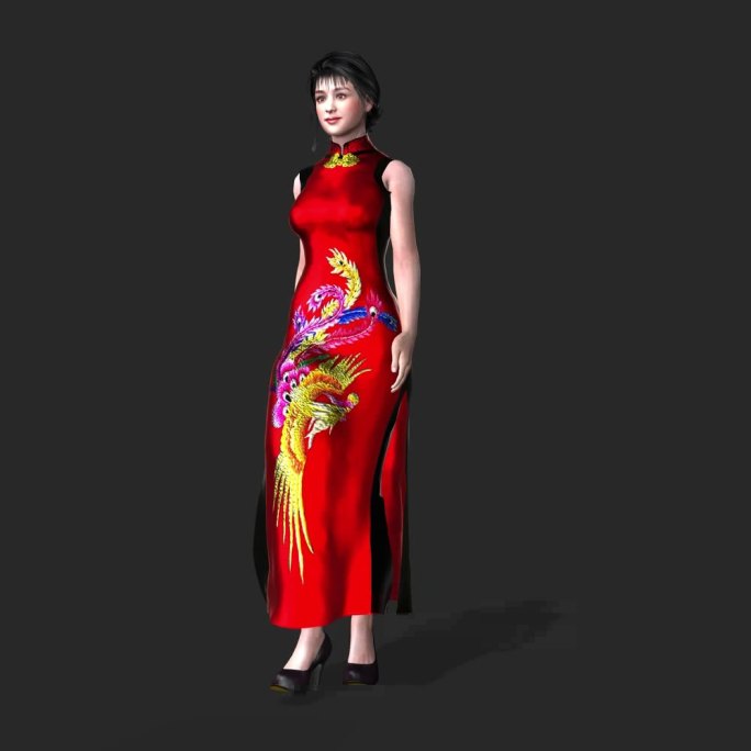 3D模型单人旗袍走秀向右行走透明背景