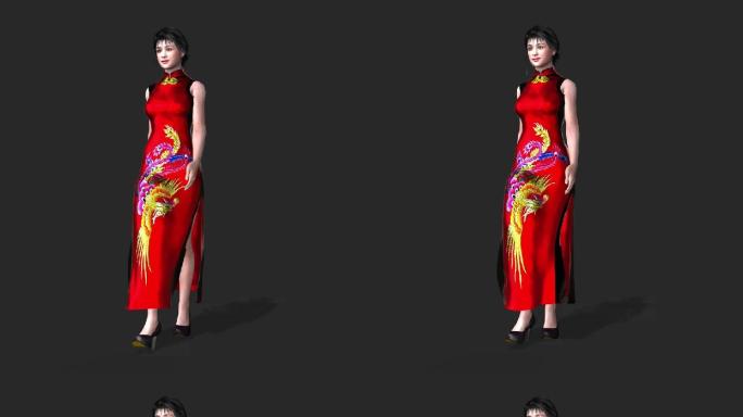 3D模型单人旗袍走秀向右行走透明背景
