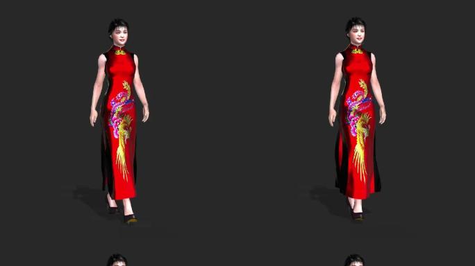 3D模型单人旗袍走秀向左行走透明背景