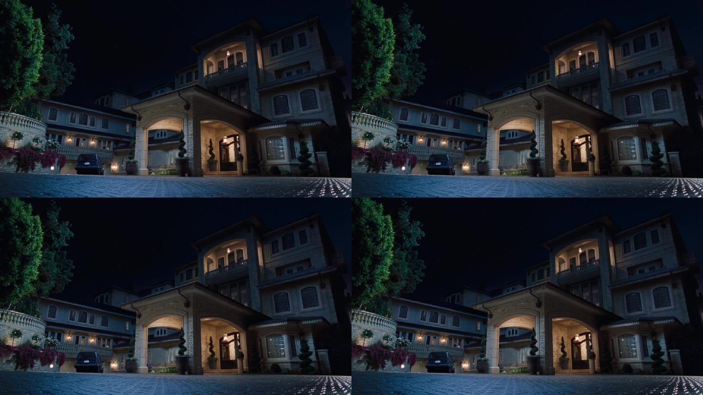 一座房子别墅高档小区夜景视频