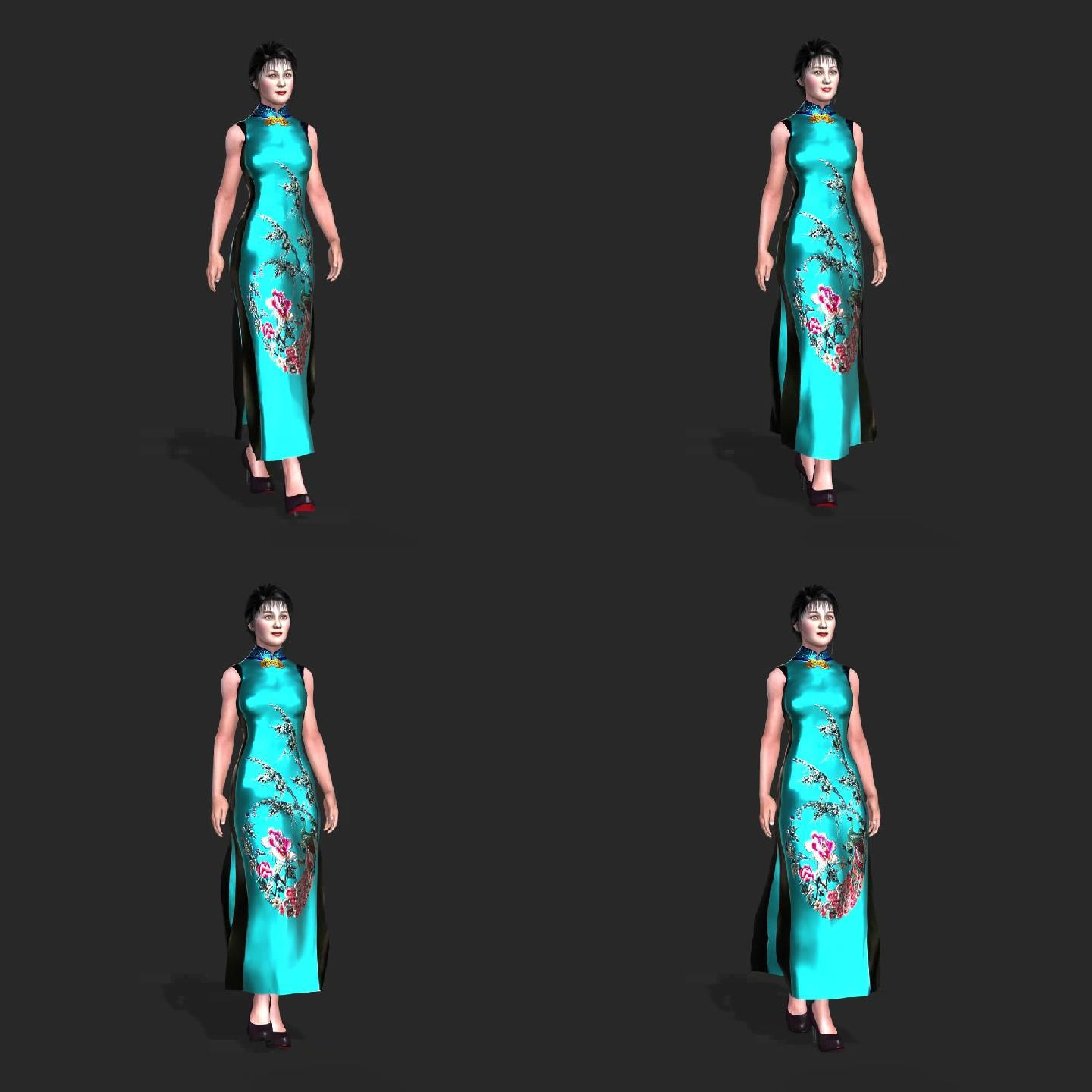 3D模型单人旗袍走秀2向左行走透明背景