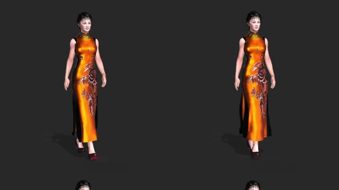3D模型单人旗袍走秀3向左行走透明背景
