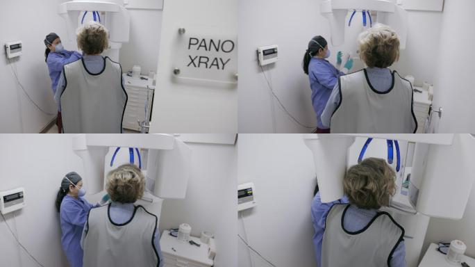 妇女在牙科诊所接受牙科X光检查