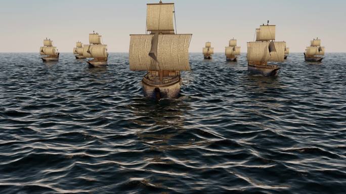 海上旧木船编队的三维动画
