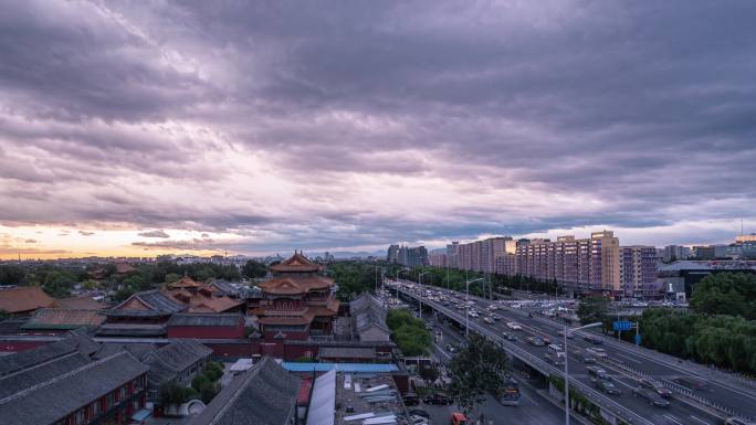 日落时分北京雍和宫延时摄影