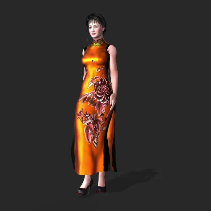 3D模型单人旗袍走秀3向右行走透明背景