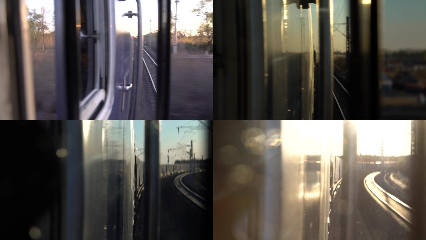 行驶中的火车从窗外拍摄风景