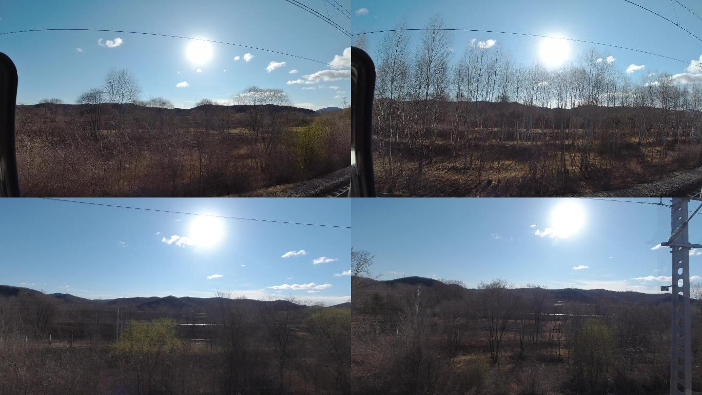 4K春天火车上沿边拍摄风景