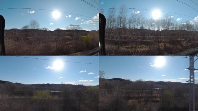 4K春天火车上沿边拍摄风景
