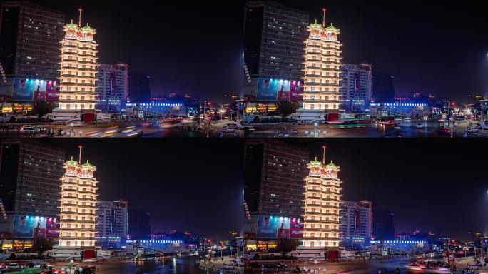 郑州城市夜景二七纪念塔车流延时